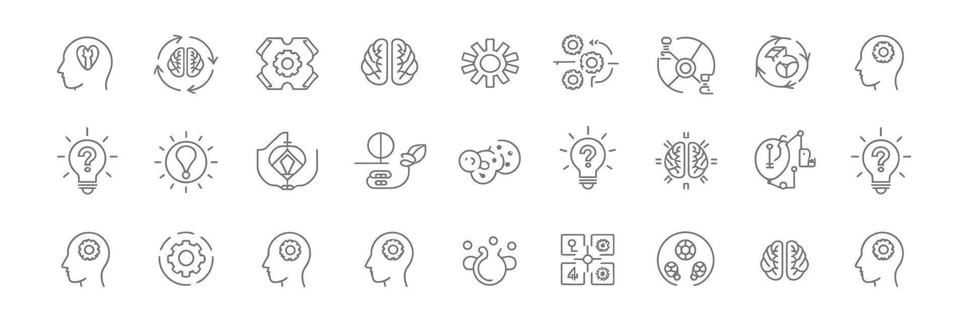 Thin Line Style Icons of Brain Process, Idea Generation, Problem Solving On White vector