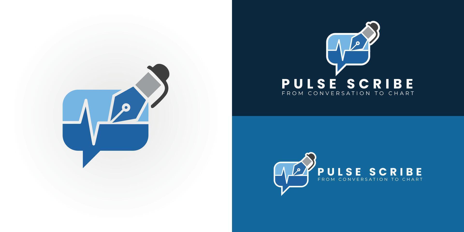 A clean and modern logo for an AI medical scribe module. It features a talk bubble with a medical waveform and a pen, symbolizing intelligent documentation of doctor-patient conversations. vector