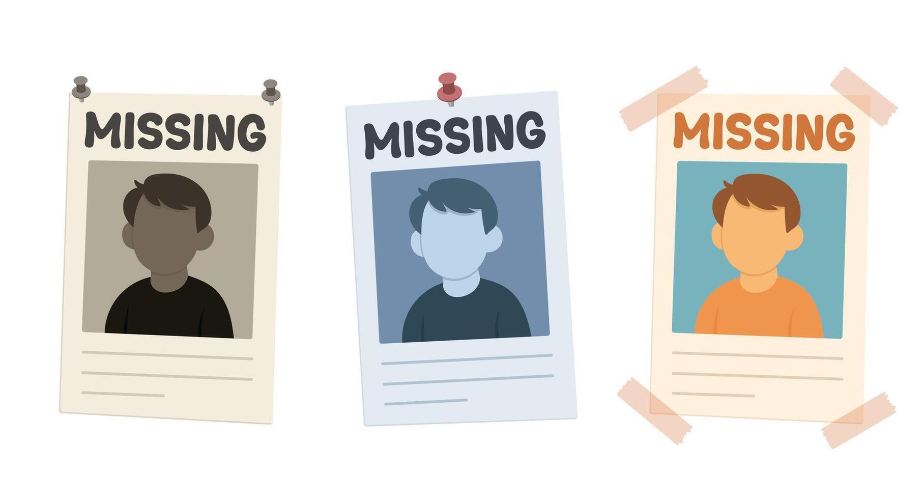 Three posters depict images of missing persons, secured with pushpins and tape, symbols of hope and the urgent need for community assistance in their safe return. vector