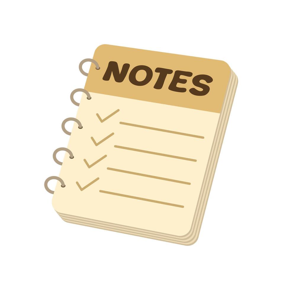 An illustration of a beige spiral notebook with a NOTES title, checkmarks and lines to write on. The notebook appears to be a to-do list or an organizational tool. vector