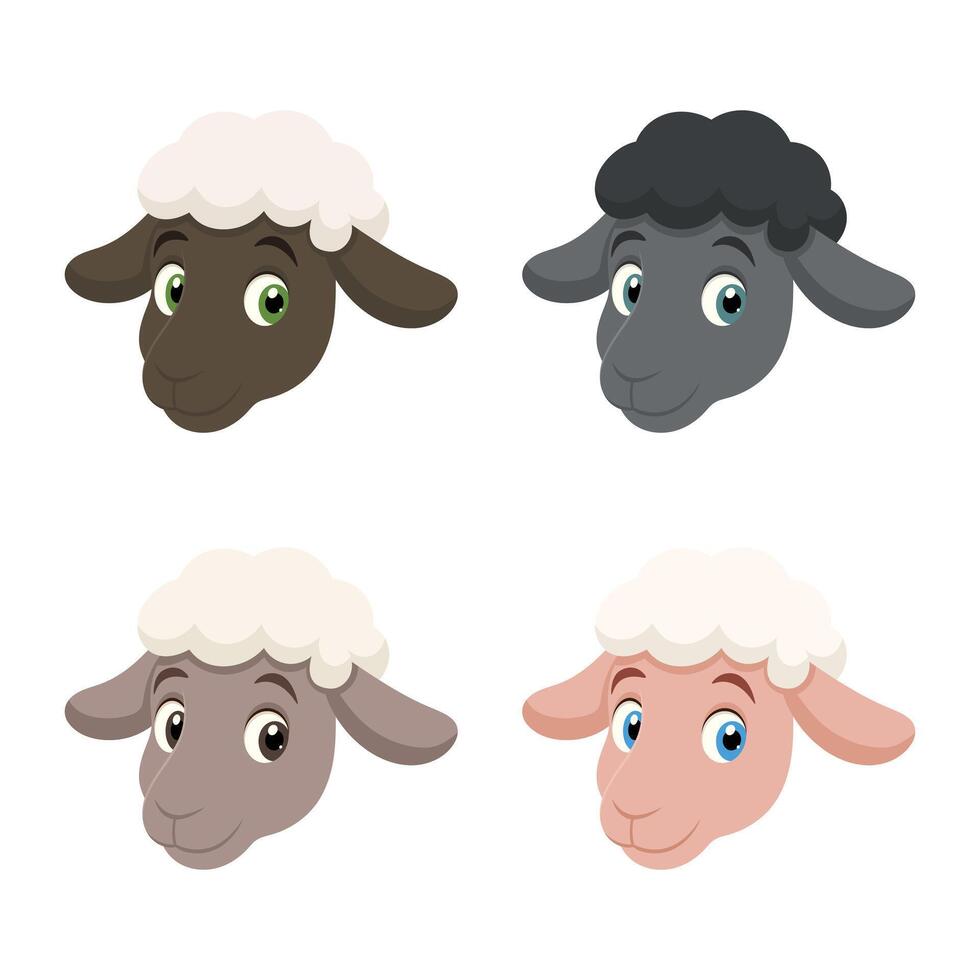 A collection of four adorable cartoon sheep heads, each sporting unique colors, set against a clean white background. They feature fluffy wool and captivating eyes. vector