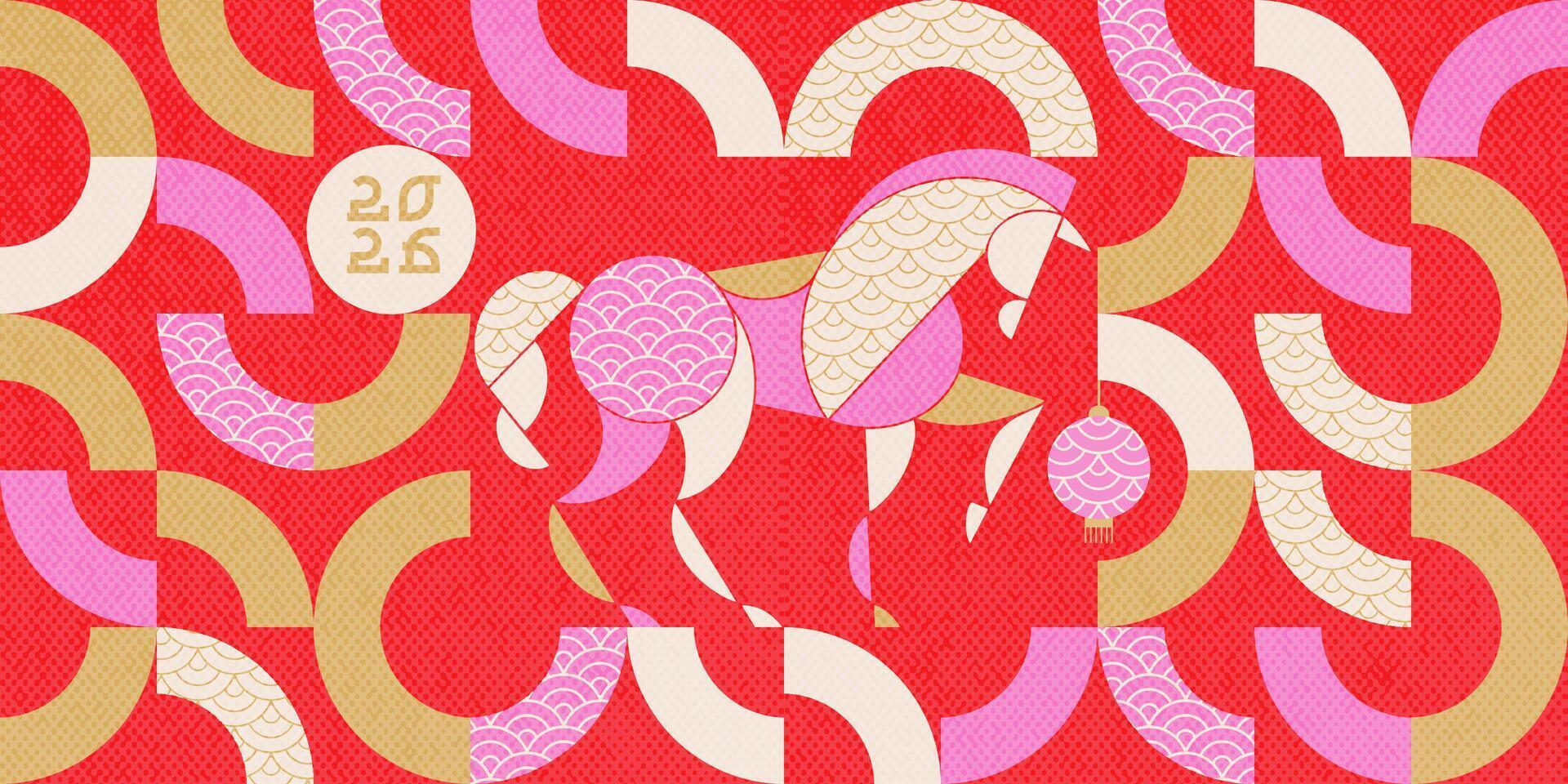 Chinese New Year 2026 abstract geometric tile design with horse, simple geometric shapes in bright palette. background for banner, cover. Flat geometric style vector