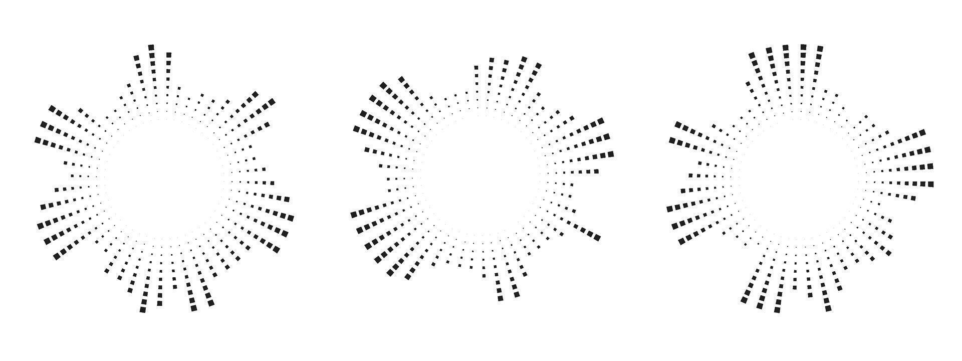 Set of radial equalizer patterns with broken beam lines. Circular sound wave graphics representing audio signals and voice pulse. spectrum design.. vector