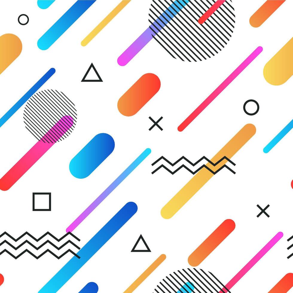 Abstract memphis style retro seamless background with multicolored simple geometric shapes. Pattern with triangles, circles, lines vector
