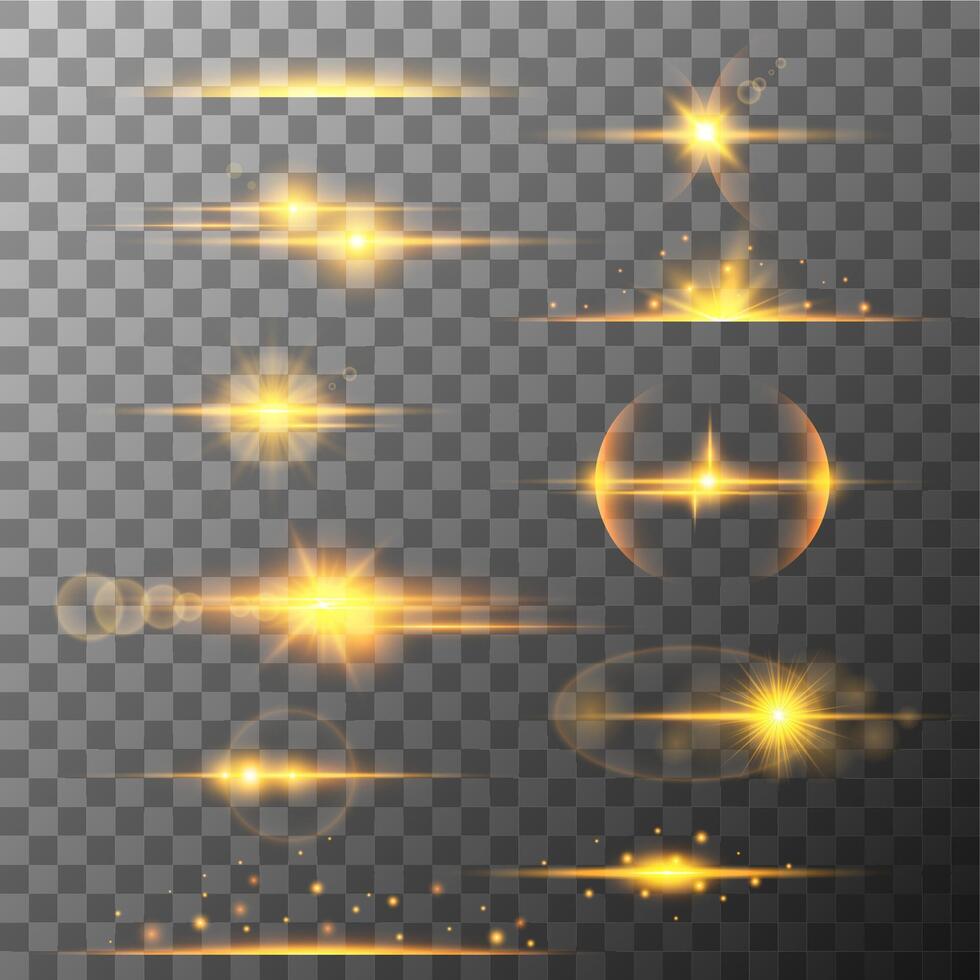 Collection of different horizontal flare light effects. Lens flares, rays, stars and sparkles with bokeh collection. transparent light effect vector