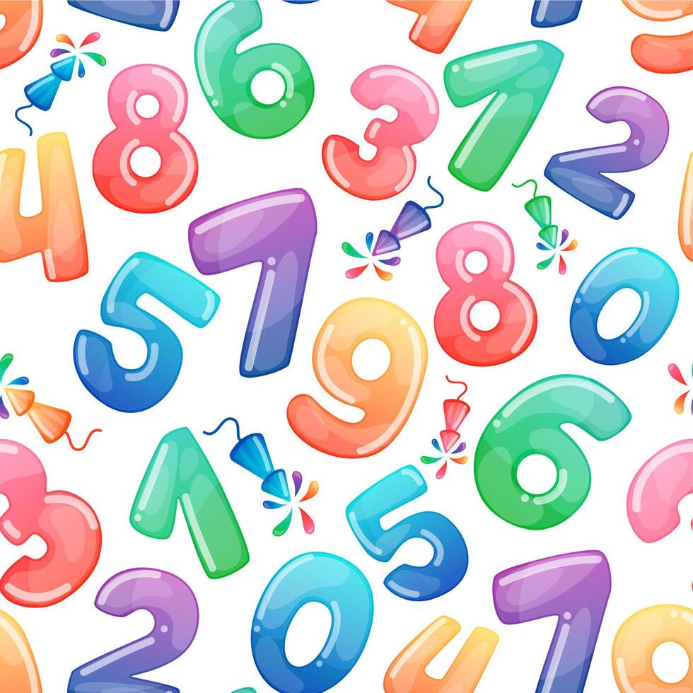 Seamless pattern with cartoon numbers and fireworks. Rainbow candy and glossy funny cartoon symbols. Different mathematics symbols vector