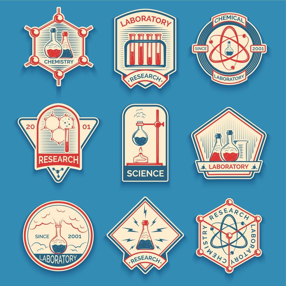 Set of laboratory research elements with flasks, tubes and molecular structure labels, logos, badges, emblems vector