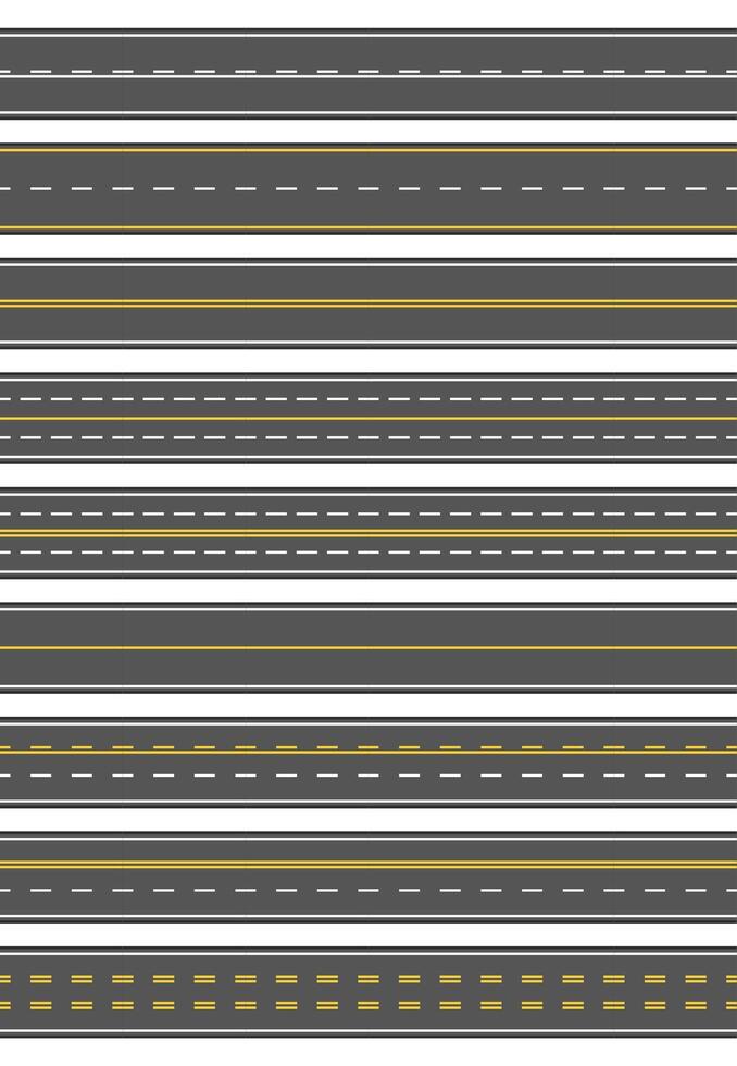 Seamless set of nine different road marking. Top view of horizontal straight asphalt roads. Templates with different white and yellow marking, asphalt surfacing and seamless borders vector