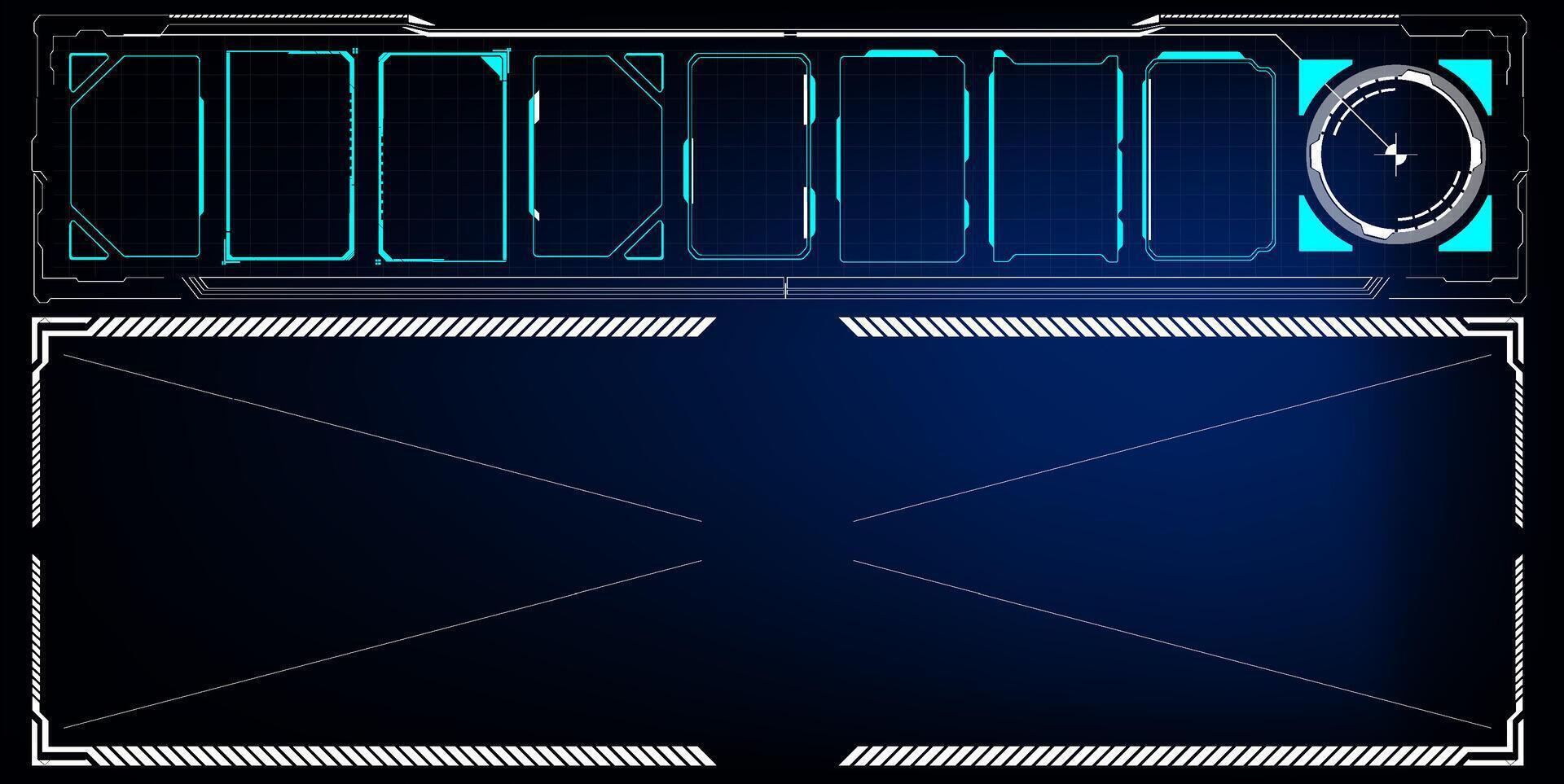 A sleek digital interface showcases multiple empty frames and a circular indicator on a deep blue background, suggesting a tech-focused setting. The design emphasizes modernity and functionality vector