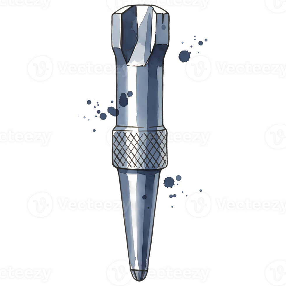 A metallic object with a textured grip and a pointed tip on a plain backdrop isolated in a graphic style on transparent background png