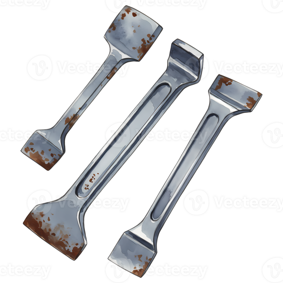 Three metal stone chisels with some rust arranged diagonally on a plain solid color space view from above on transparent background png