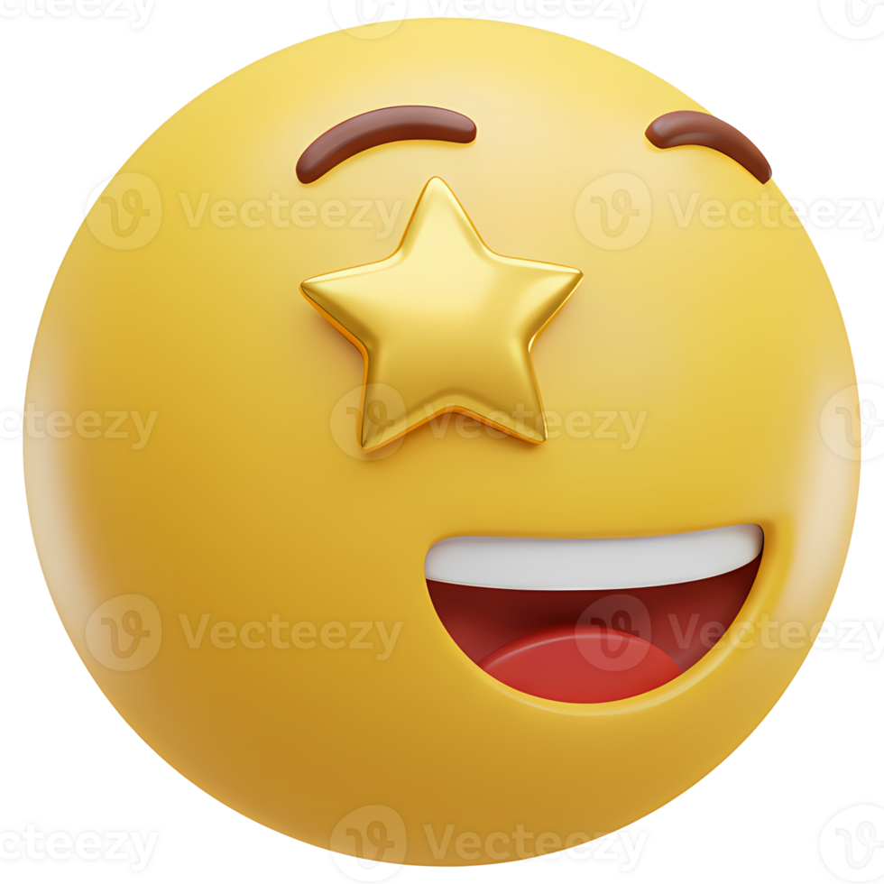 A yellow emoji with a star in its eye and a joyful expression on a plain setting in a digital render on transparent background png