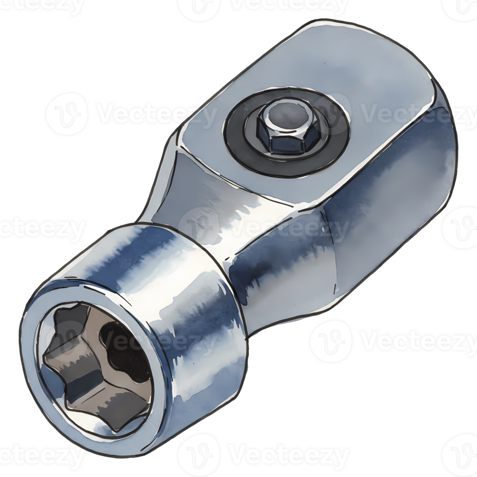 A shiny metallic socket adapter with a hexagonal opening on a plain background digital rendering tool on transparent background png
