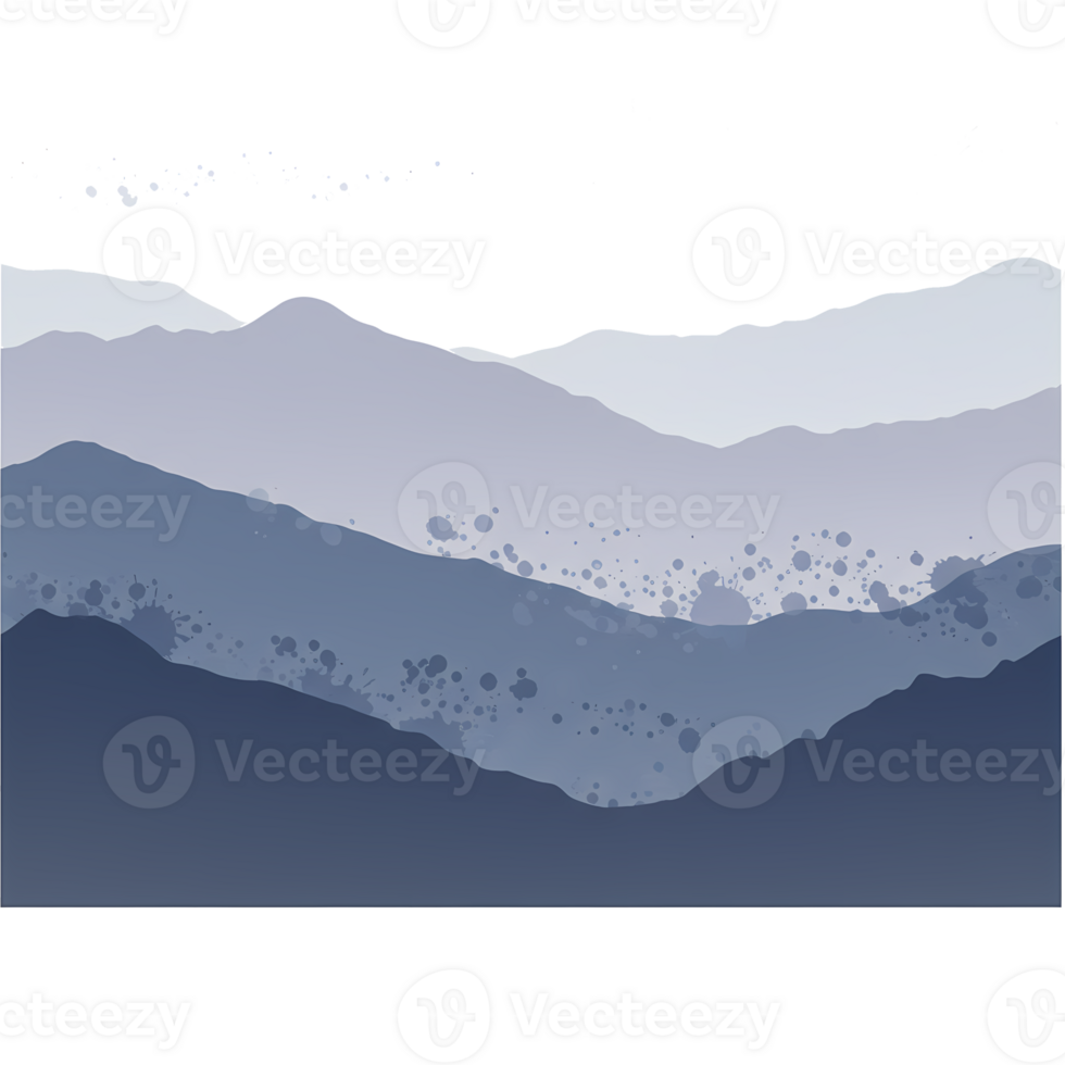 Layered mountain range in shades of blue with a textured effect and a serene and calming atmosphere on transparent background png