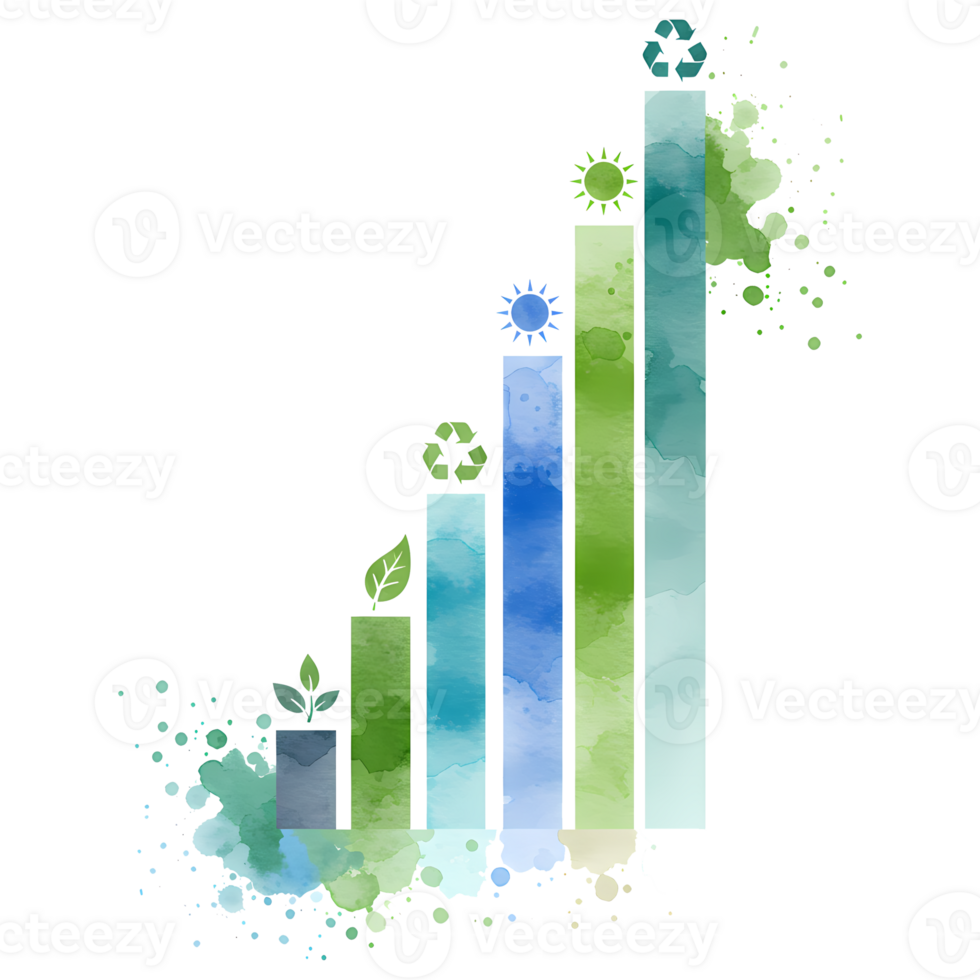 Watercolor style bar graph showing increasing values in shades of green and blue on a plain field on transparent background png