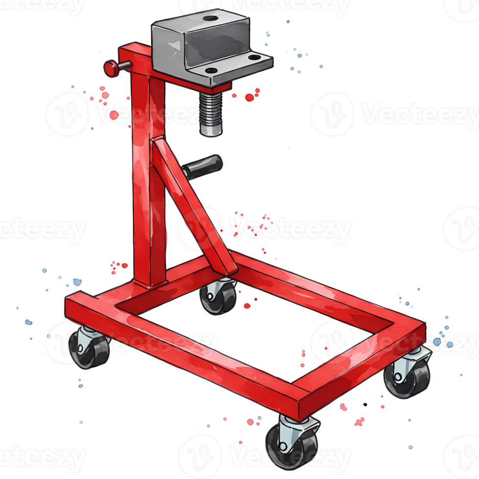 A red engine stand with a silver mount and wheels on a transparent canvas in a cartoon style view on transparent background png