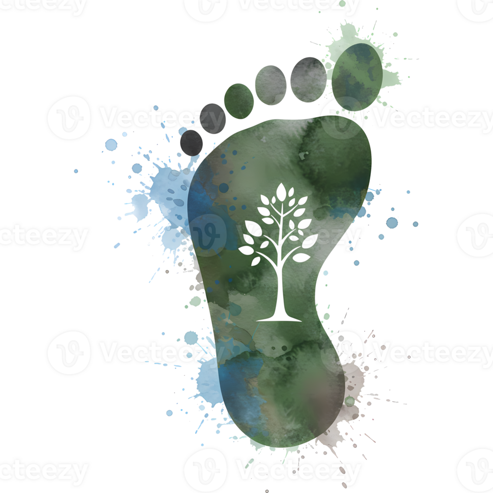 Watercolor footprint with a tree inside and watercolor splashes on a solid color canvas view on transparent background png