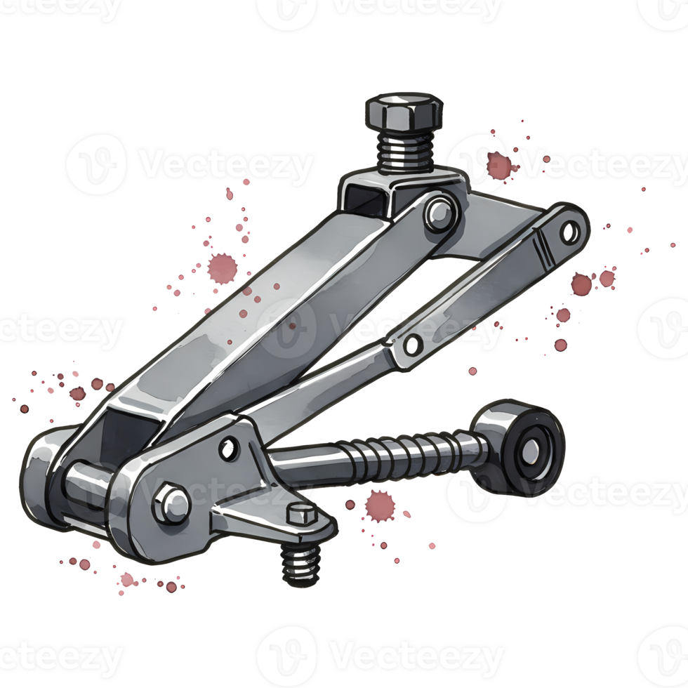 A vibrant rendering of a red hydraulic floor jack with a silver handle on a plain canvas area on transparent background png