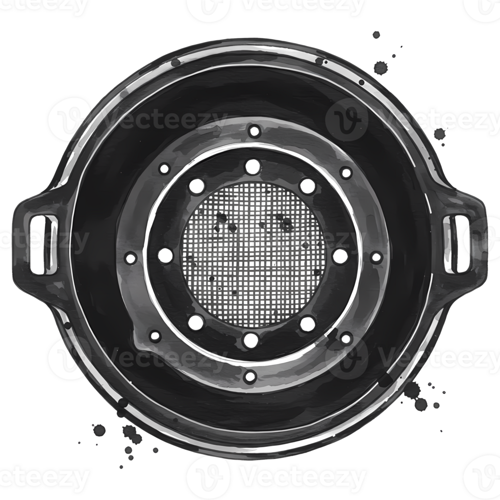 Aerial view of a circular metallic object with a mesh center and handles on either side in grayscale on transparent background png