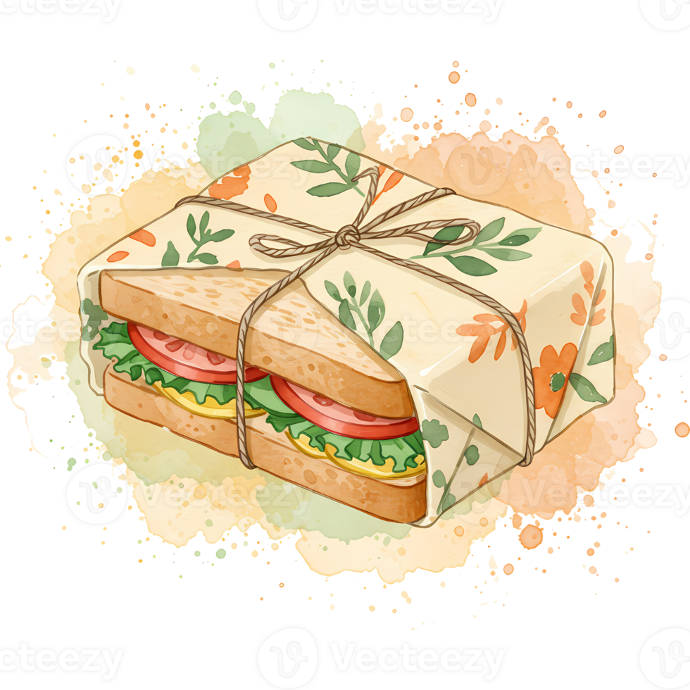 A sandwich wrapped in floral paper tied with string on a watercolor splash style design element art on transparent background png