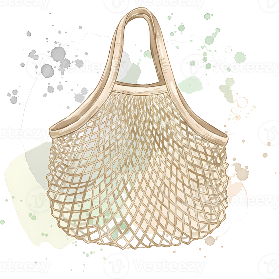 A reusable net bag with handles against a splattered neutral and light colored artistic background on transparent background png