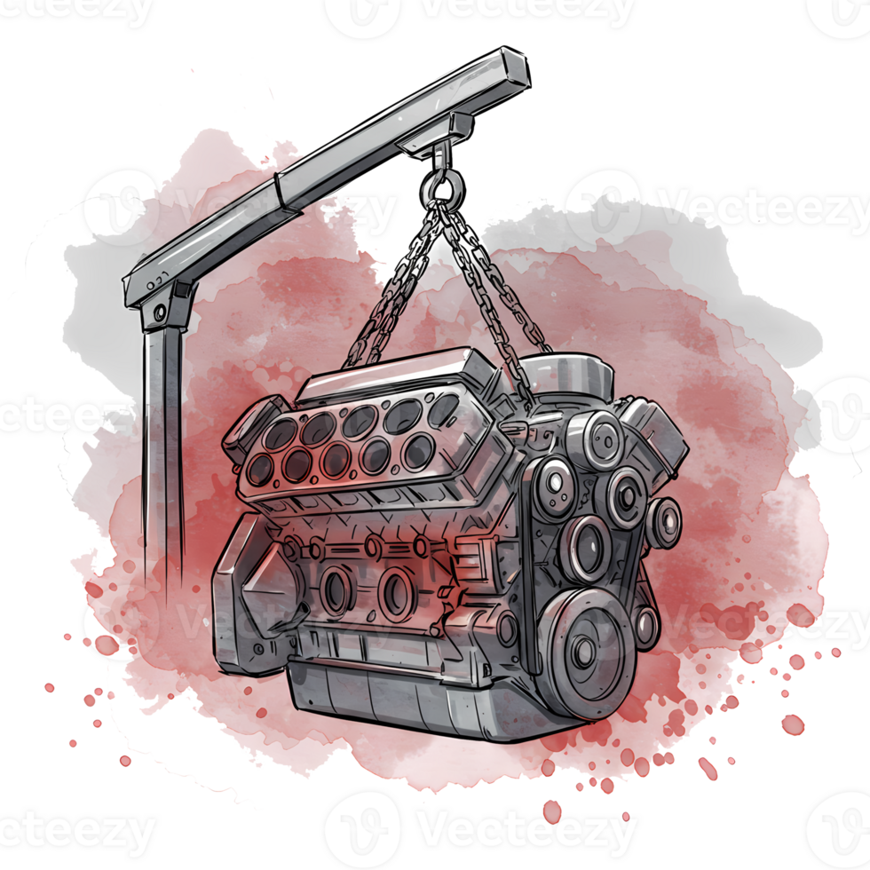 Engine on a stand with belts and pulleys shown in a cartoon style automotive mechanical component view on transparent background png