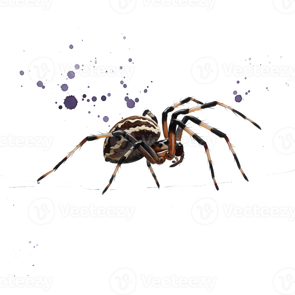 A spider with striped abdomen and legs against a plain backdrop with bokeh effect scattered around it on transparent background png