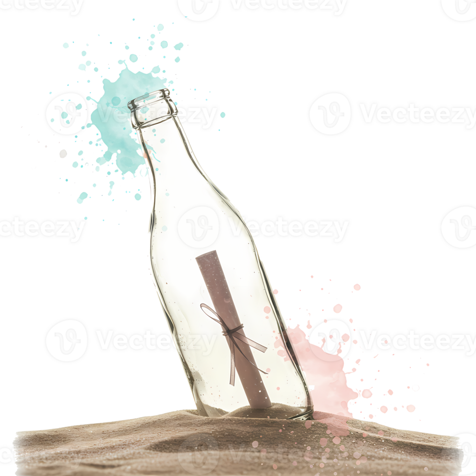 A clear bottle with a message inside sitting on sand with colorful smoke around it on a plain setting on transparent background png