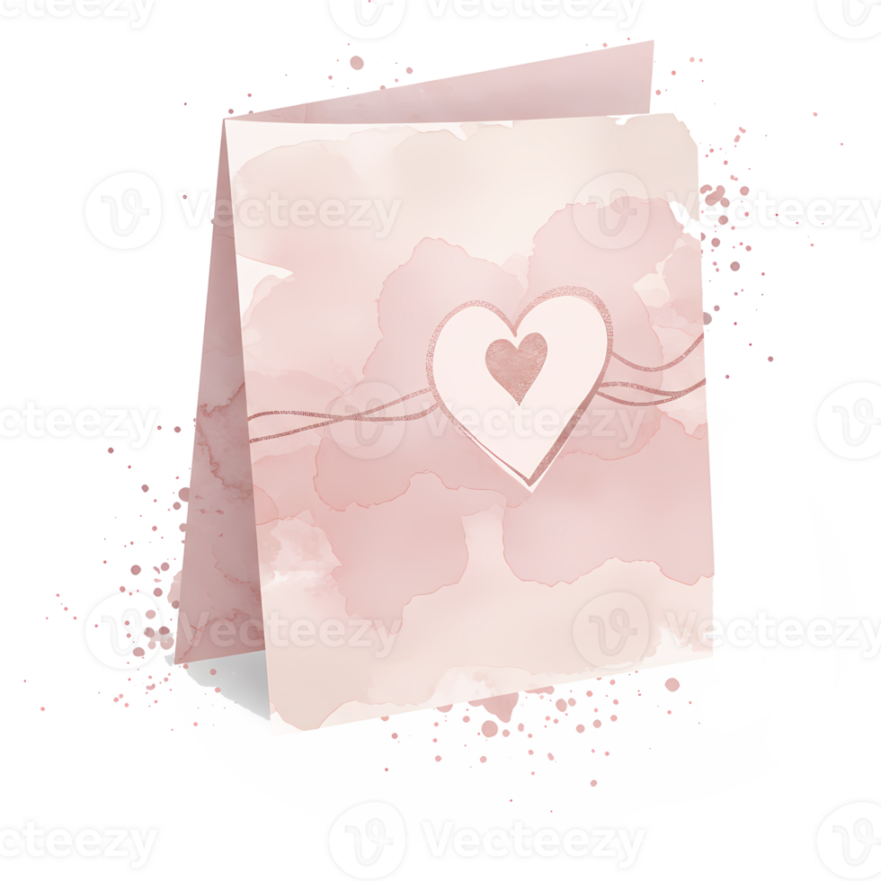 Watercolor card with a heart cutout and string tied around it on a white surface with splatters on transparent background png