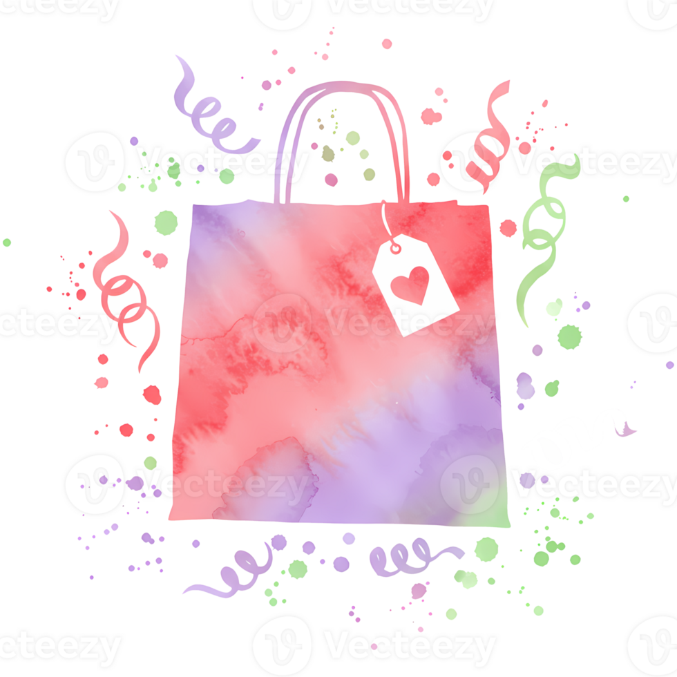 A square with watercolor texture and a heart tag surrounded by confetti on a plain setting space on transparent background png