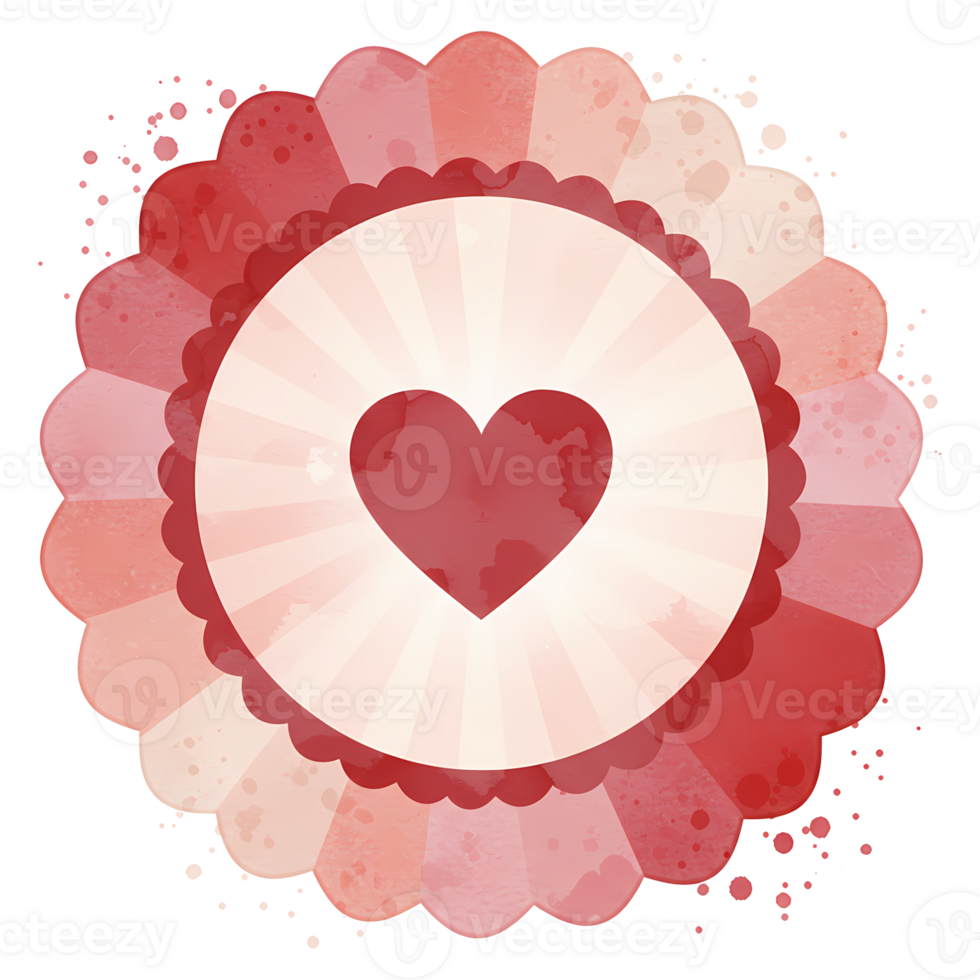 A watercolor style heart inside a circular frame with scalloped edges and petal like shapes around it on transparent background png