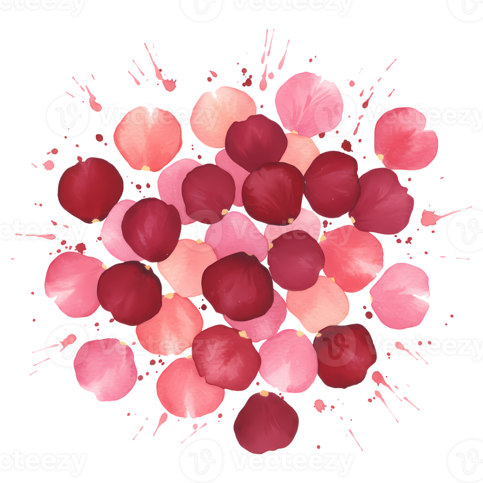 Arrangement of pink and red petals creating a circular shape on a plain colored surface design element on transparent background png