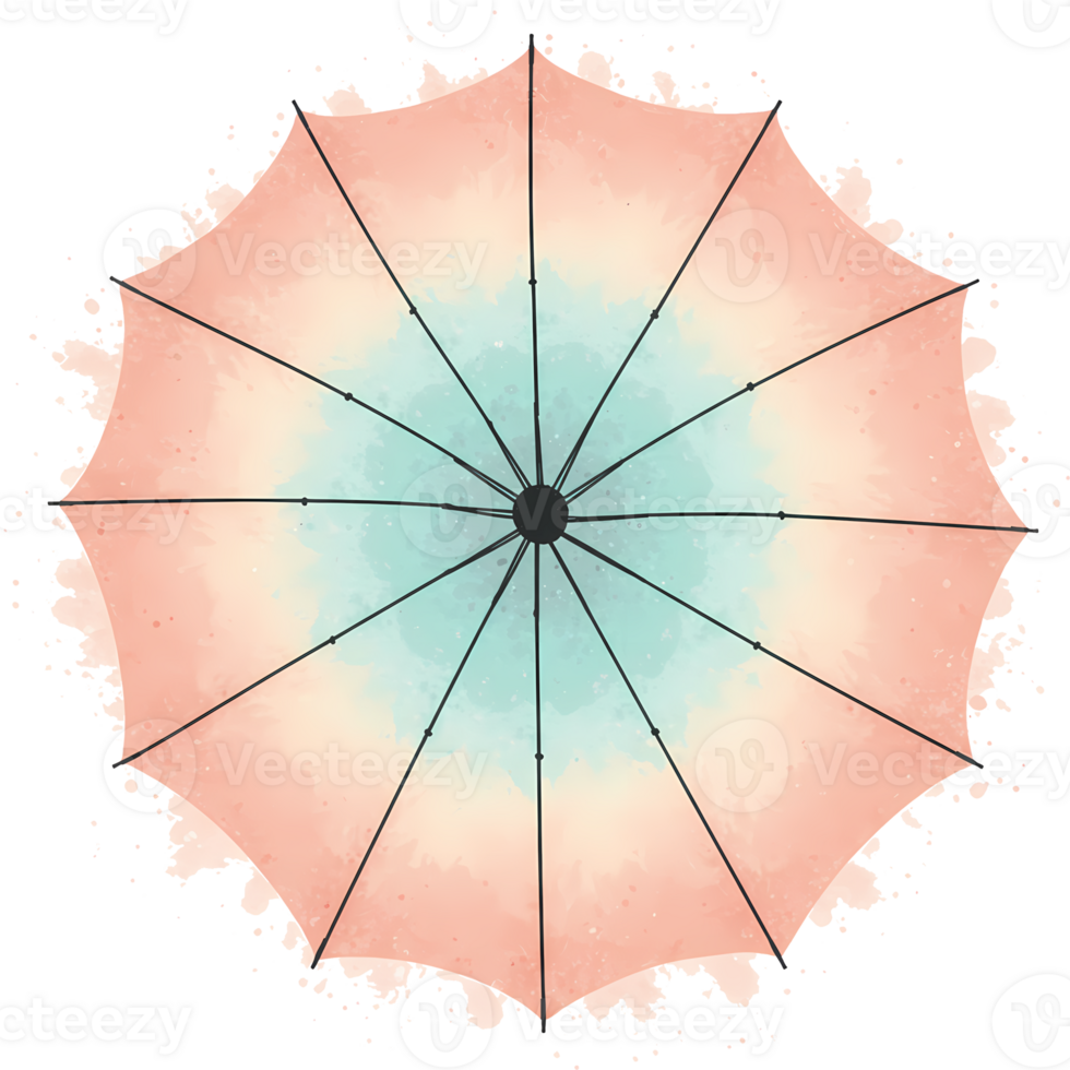 Aerial view of an open umbrella with a gradient of peach and light blue color from the center out on transparent background png