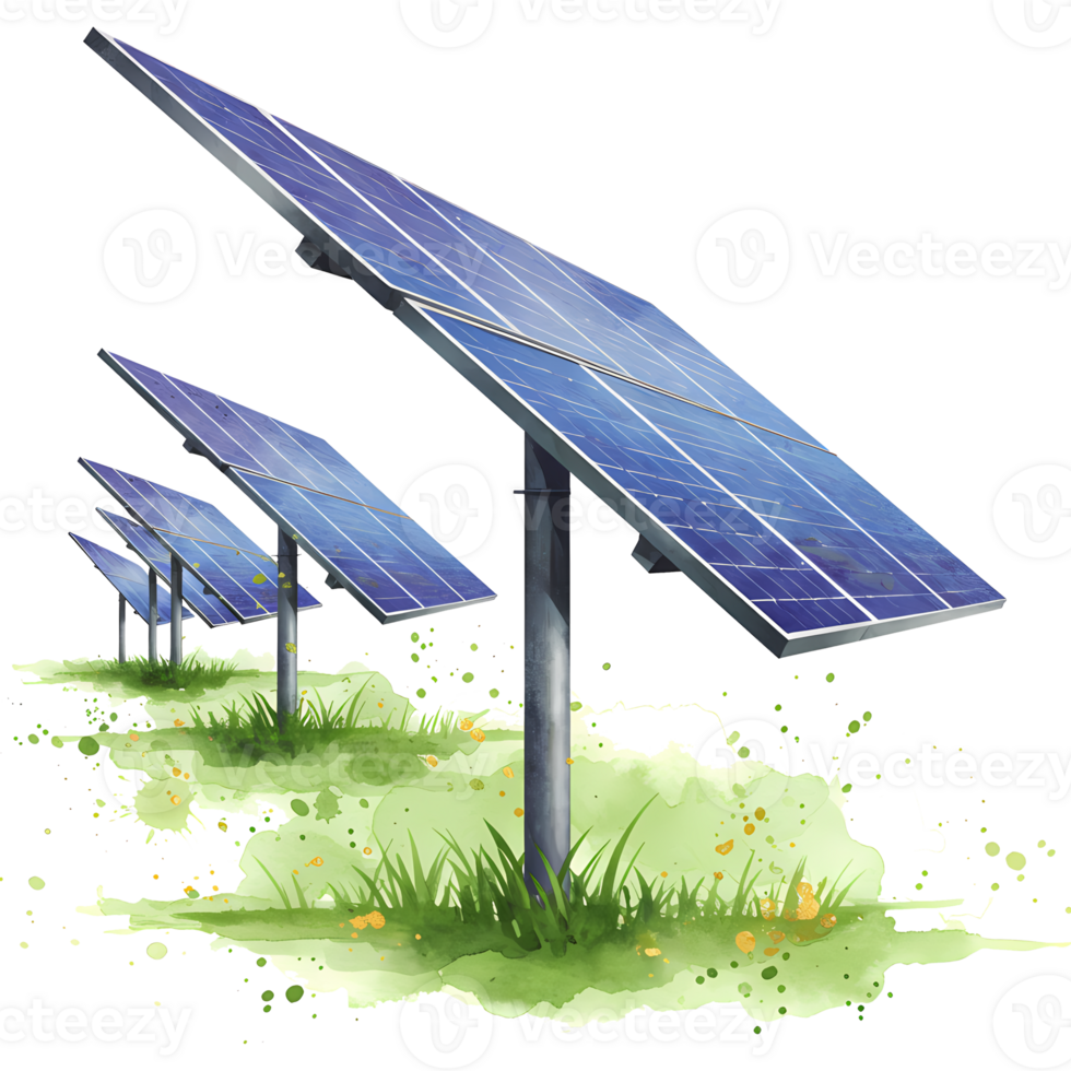 Solar panels array in a field with watercolor style and clean energy concept on a transparent view on transparent background png
