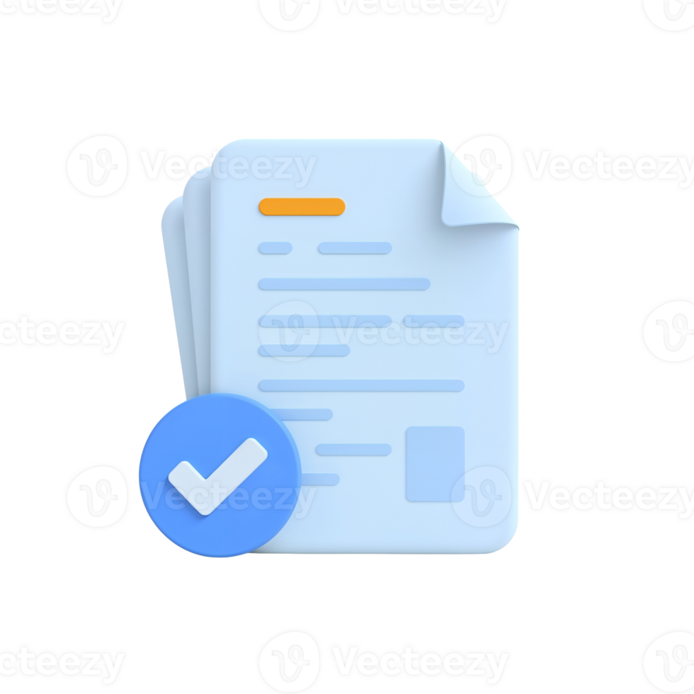 Completed document approval confirmation, 3D rendering of paperwork with validation mark on a png
