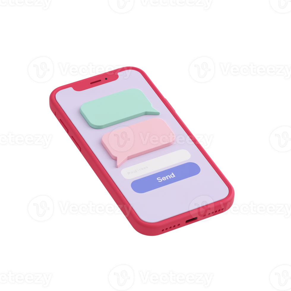 Modern smartphone displaying a user interface with colorful messaging app elements isolated png