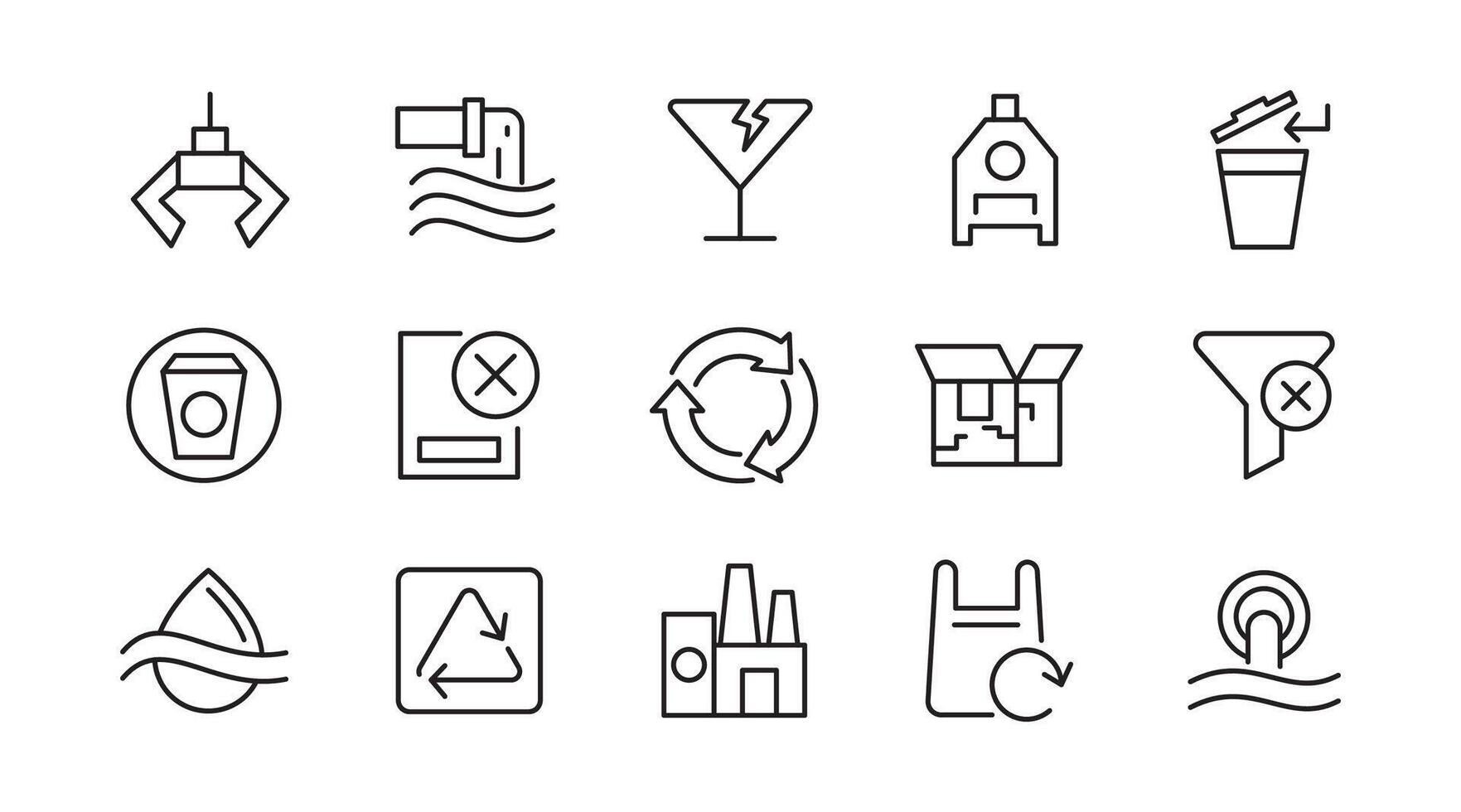 Waste and Recycling line icon set. Save, eco, reduce, reuse, plastic, glass, pollution, dump, refuse, bin, sweep, garbage disposal, trash separation line icon set vector
