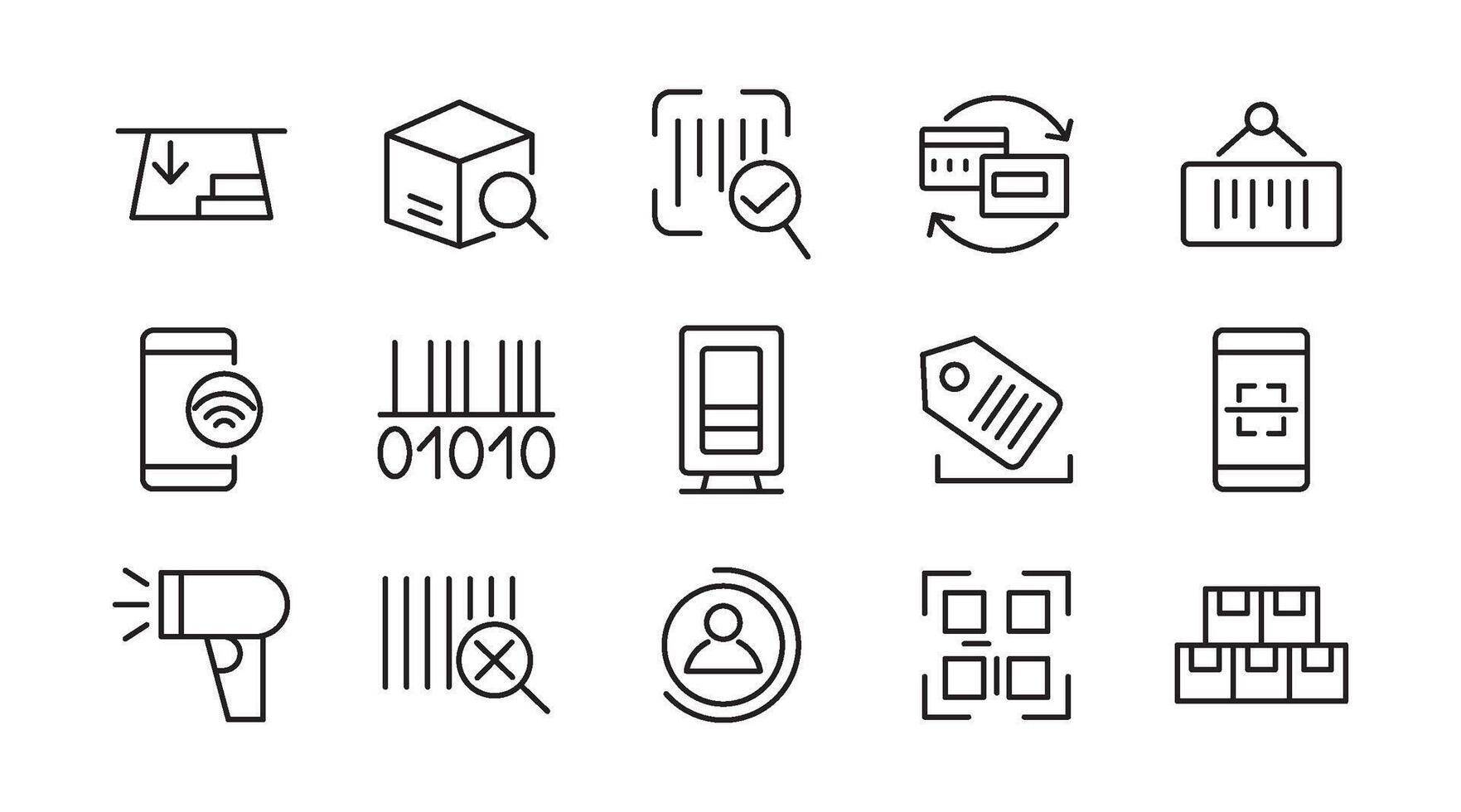 Barcode line icon set. Register, barcode, tracking, tag, price, read, code, payment, QR code, scanner outline icon set. vector