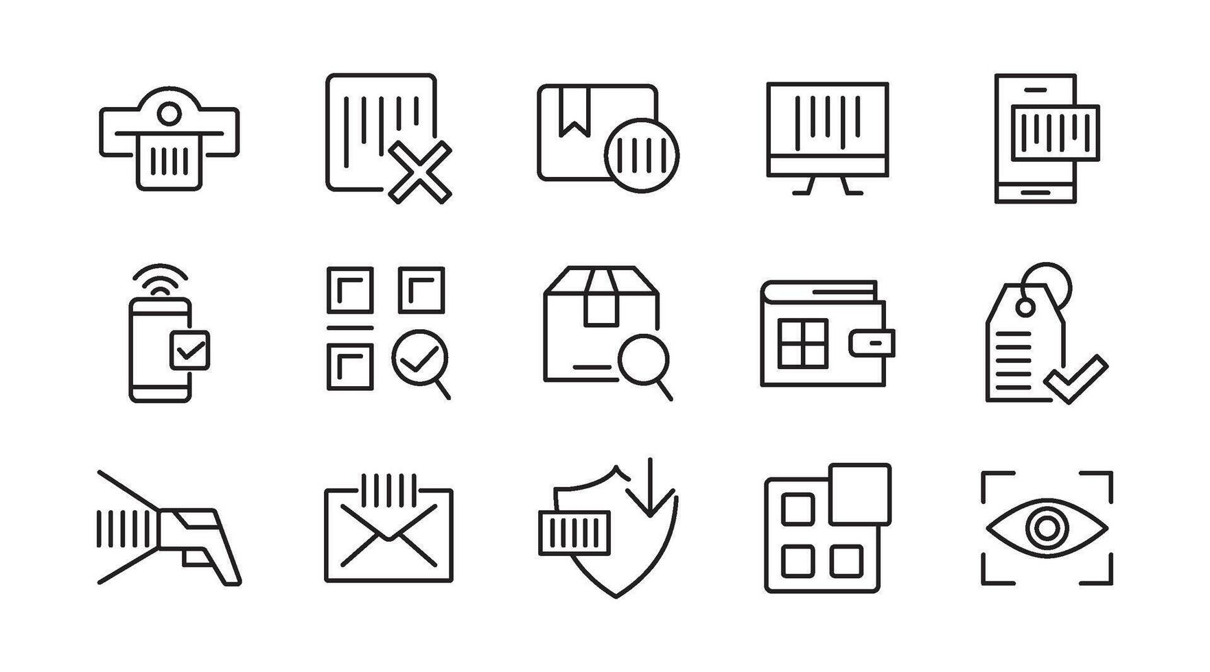 Barcode line icon set. Barcode, register, tracking, tag, price, read, code, payment, QR code, password, security system, scanner outline icon set. vector