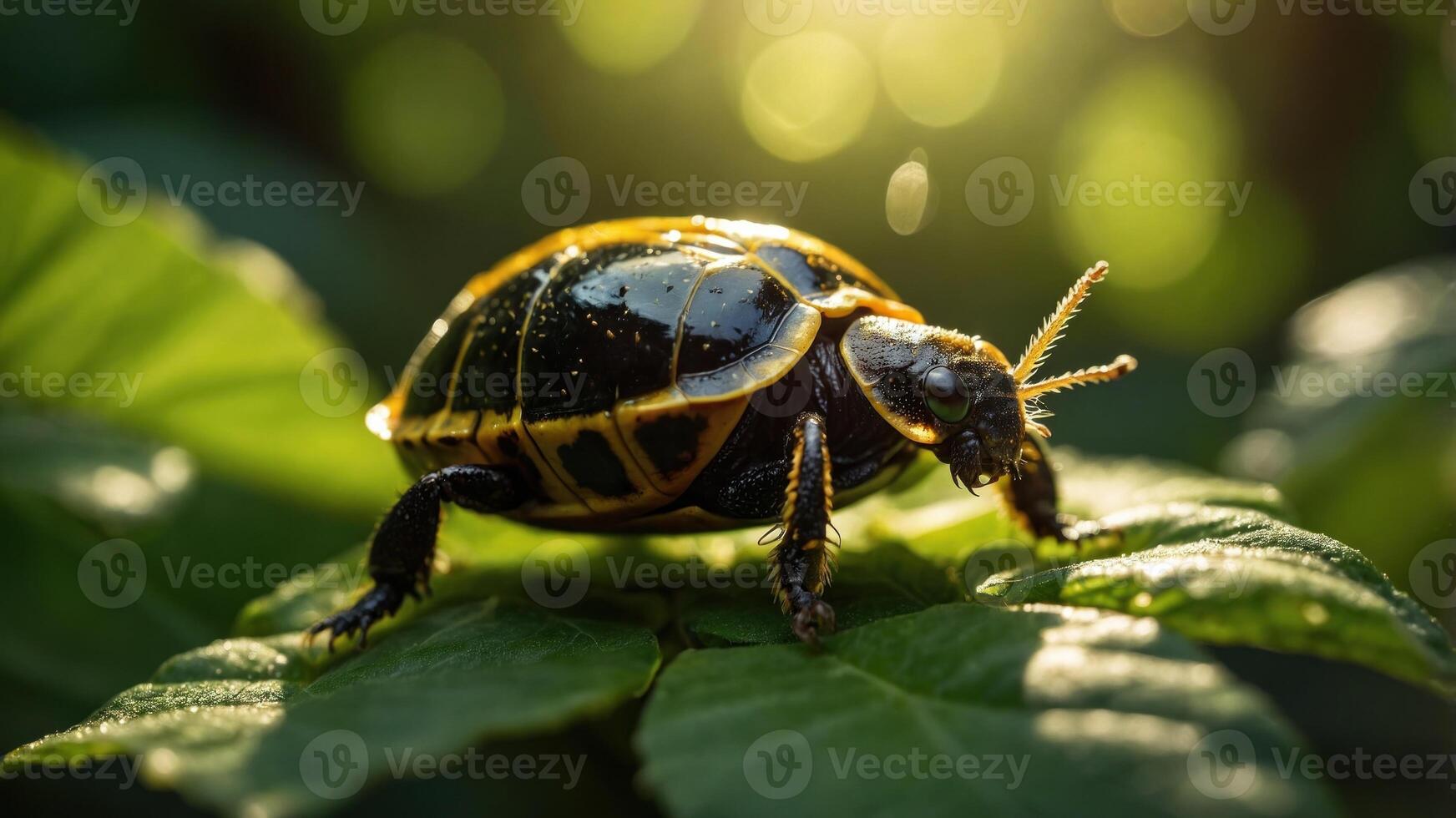 Close-up of a turtle on a green leaf with sunlight filtering through trees in a serene forest setting photo