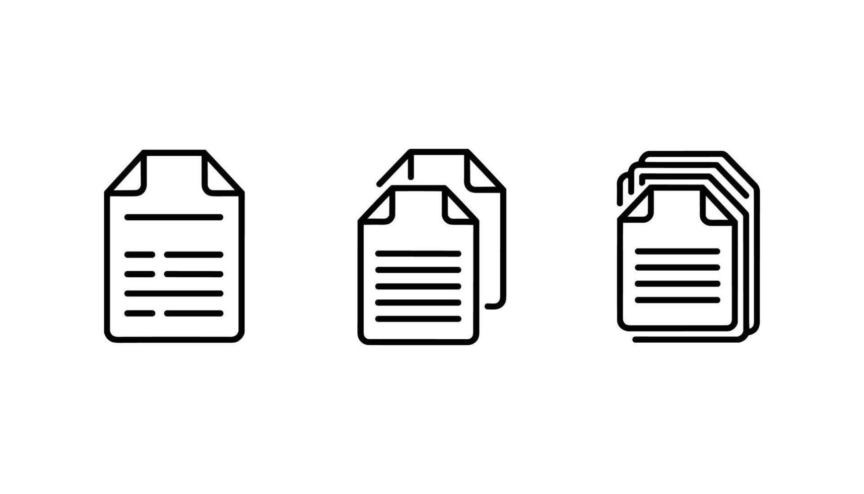 Minimalist black line document icons showing single paper, double papers, and multiple stacked sheets for file, data, and content concept vector