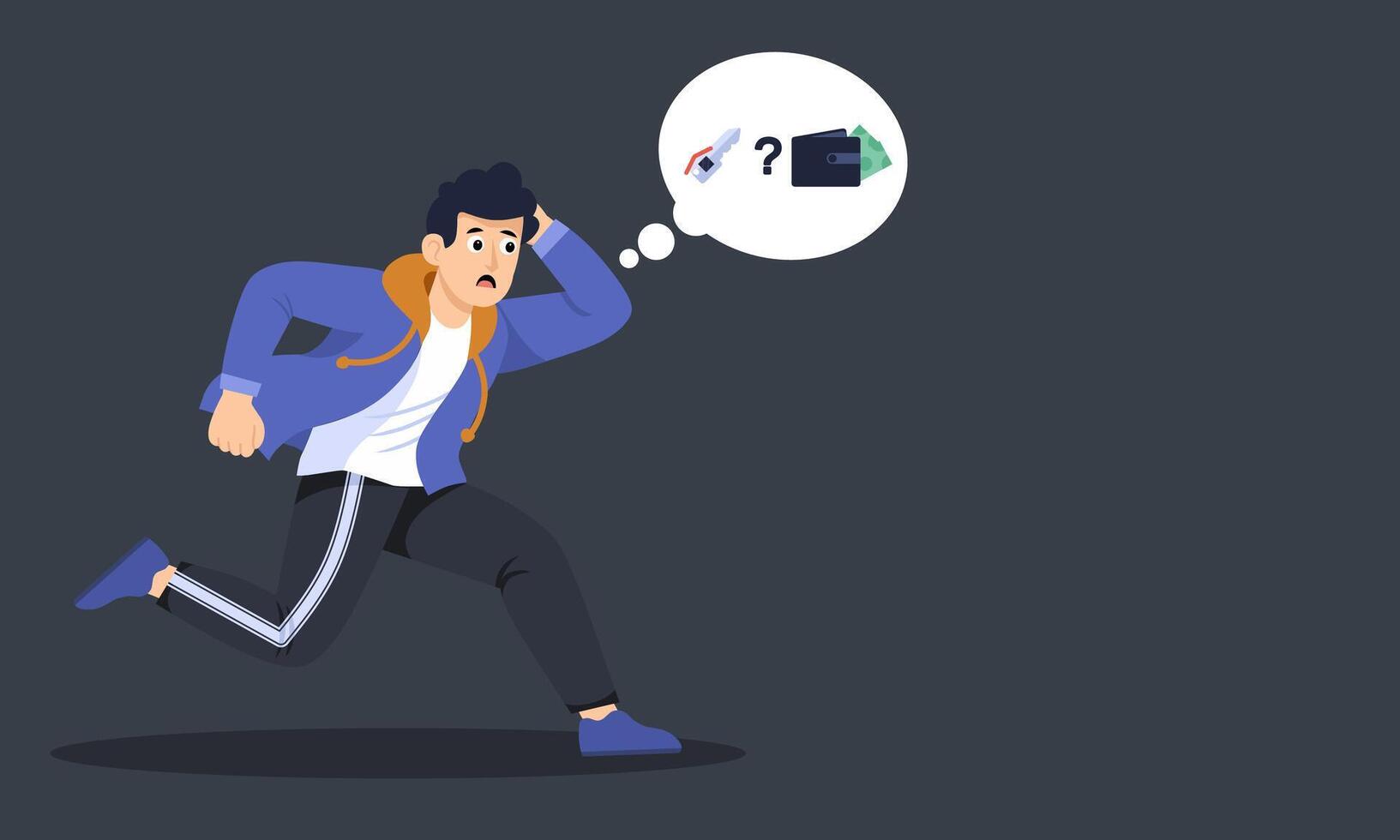 The sudden realization of forgetting important items like a wallet and keys, illustrated in a cartoon style. vector