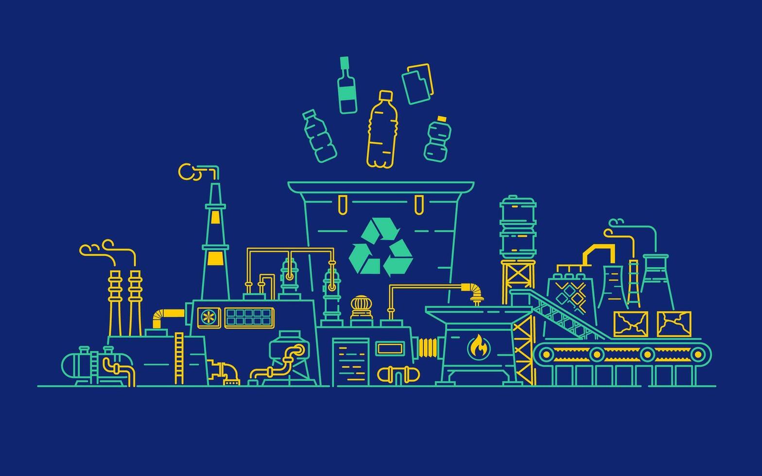 concept of zero waste or sustainable business, lined graphic of plastic bottles and garbage bin combined with recycle factory vector