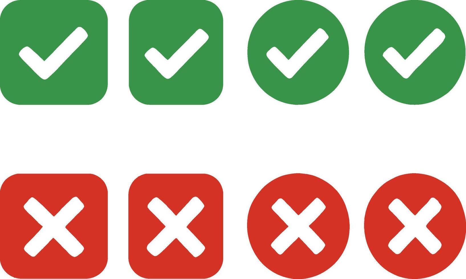 Set of green checkmarks and red crosses in rectangular and oval shapes for approval and rejection vector