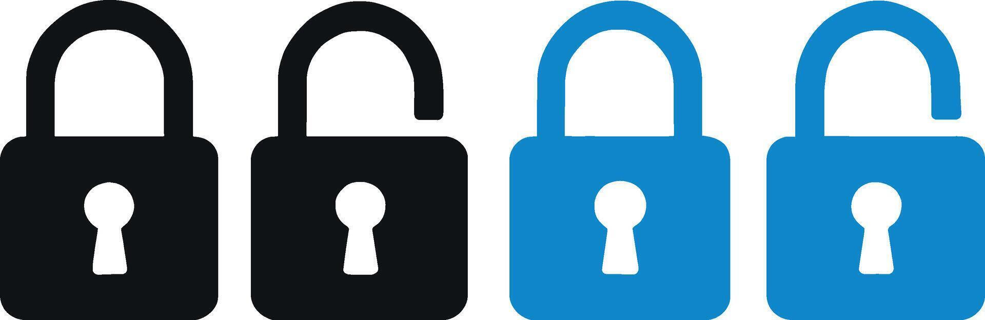 Two pairs of open and closed padlocks one black and one blue representing security and access concepts vector