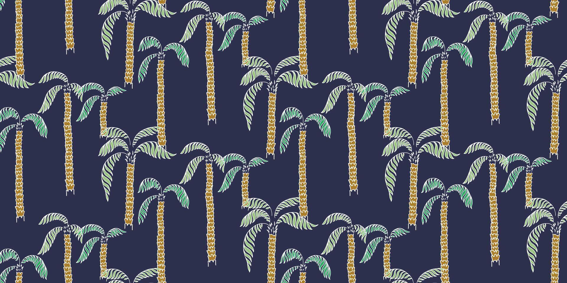 seamless pattern featuring repeating palm trees with textured beige trunks and green fronds on a deep navy background. Perfect for tropical designs, textiles, wallpapers, and digital prints vector