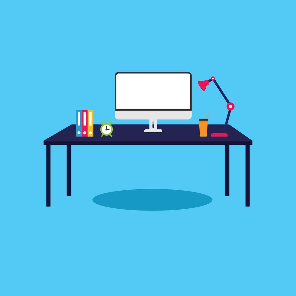 An office desk with a computer and lamp vector