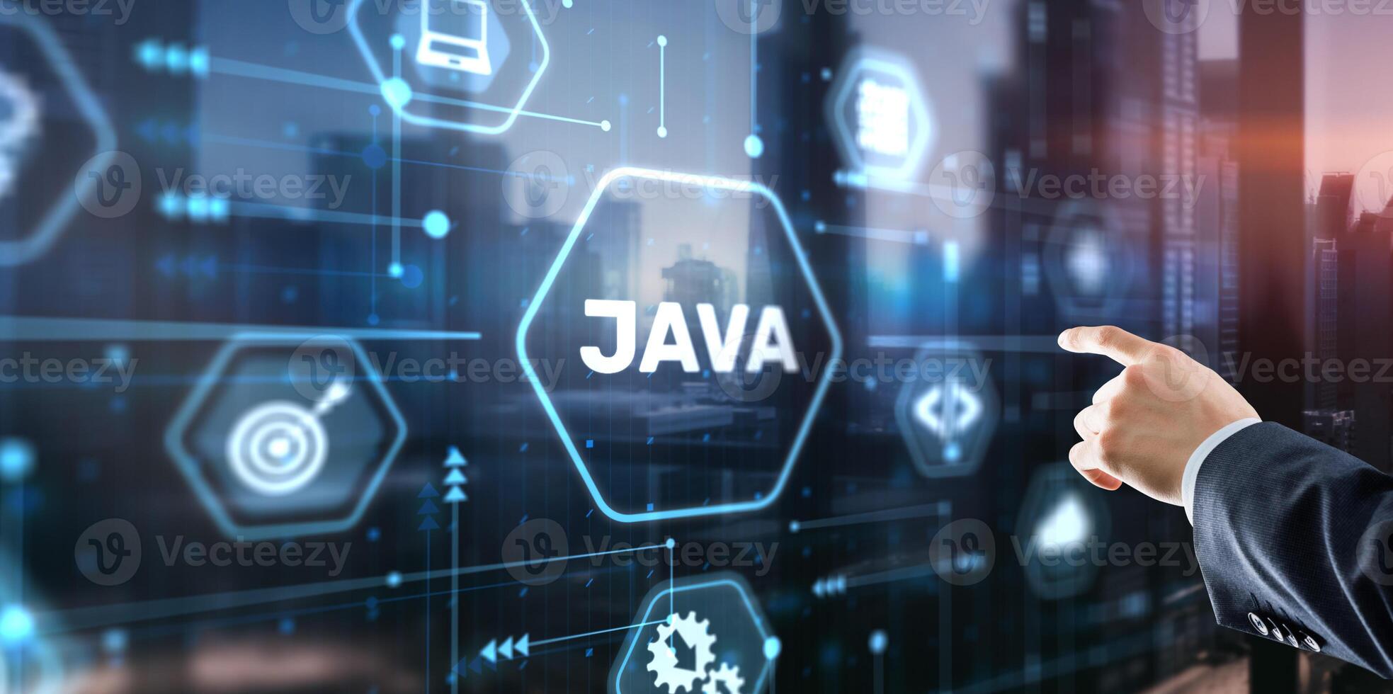 Businessman clicks Java programming language application concept on virtual screen photo