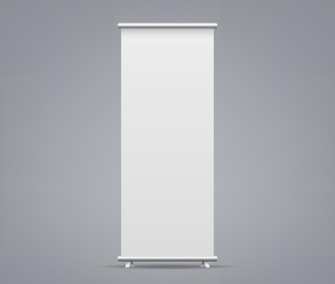 3d Roll up banner stand isolated on white backgrounds. blank display mockup for presentation, exhibition product template vector