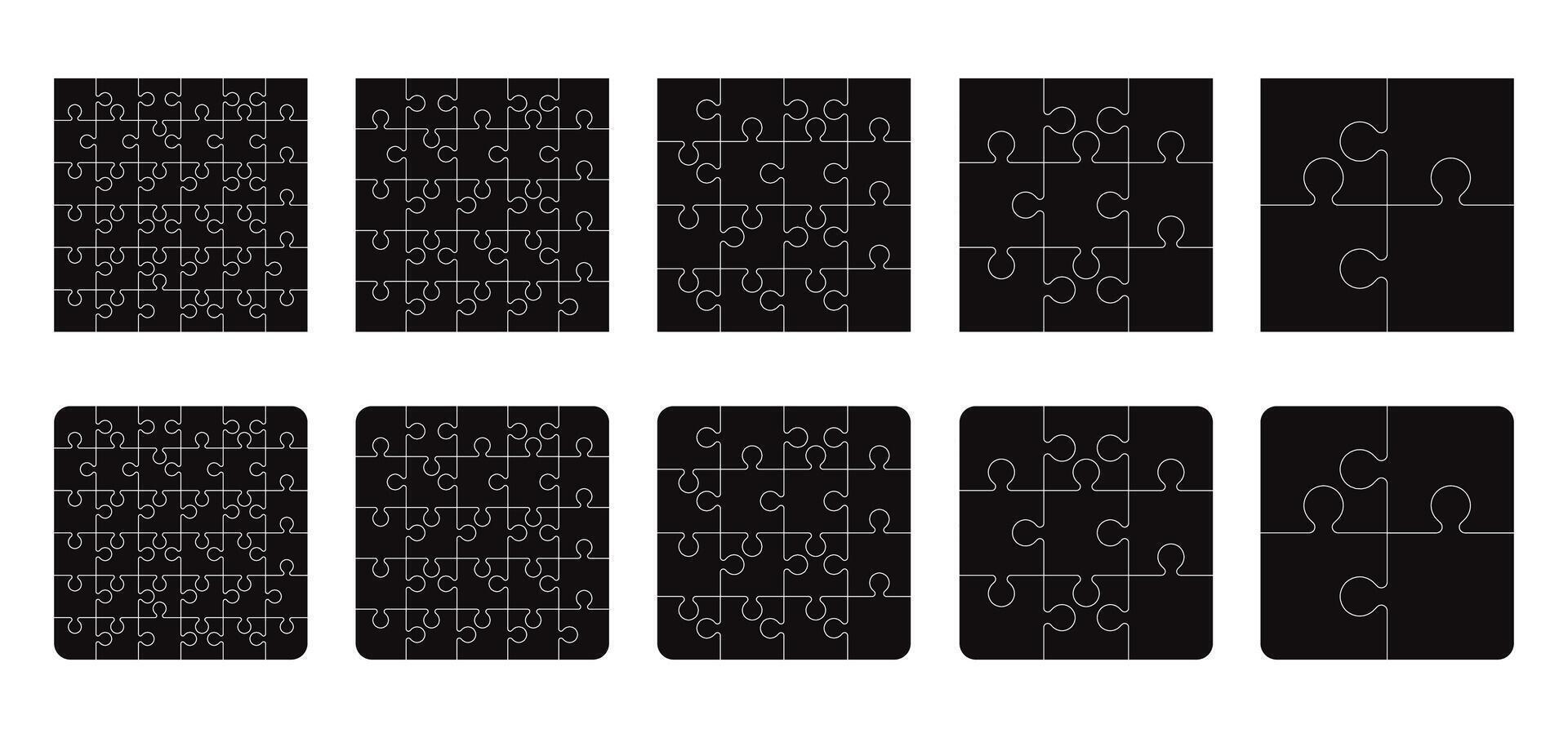 Puzzle pieces square 4x4, 5x5, 6x6, 3x3, isolated on white background. Jigsaw puzzle game template with right angles, rounded. vector